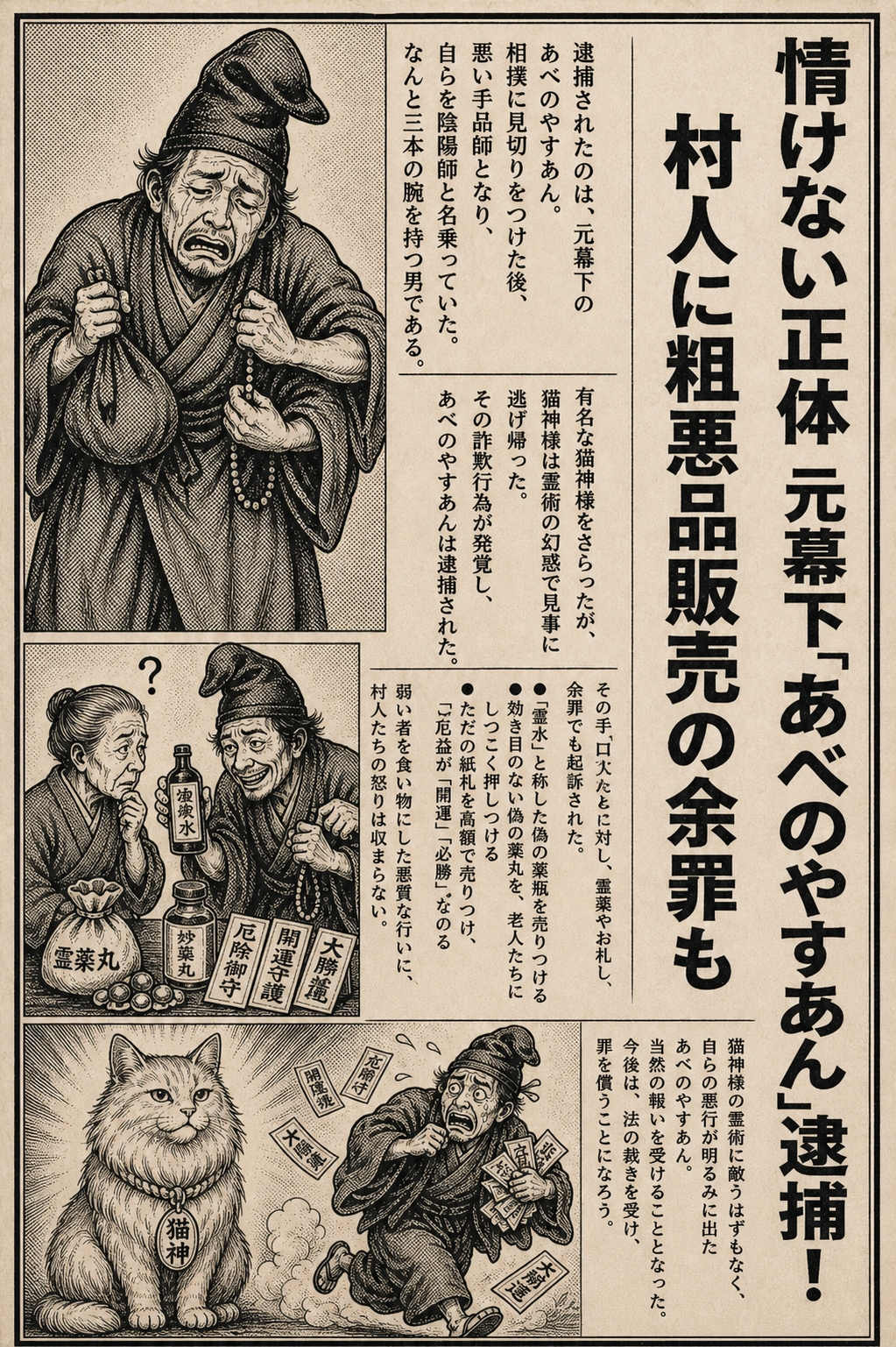 あべのやすあん逮捕を報じる紙面。霊水や霊薬丸を売りつける挿絵