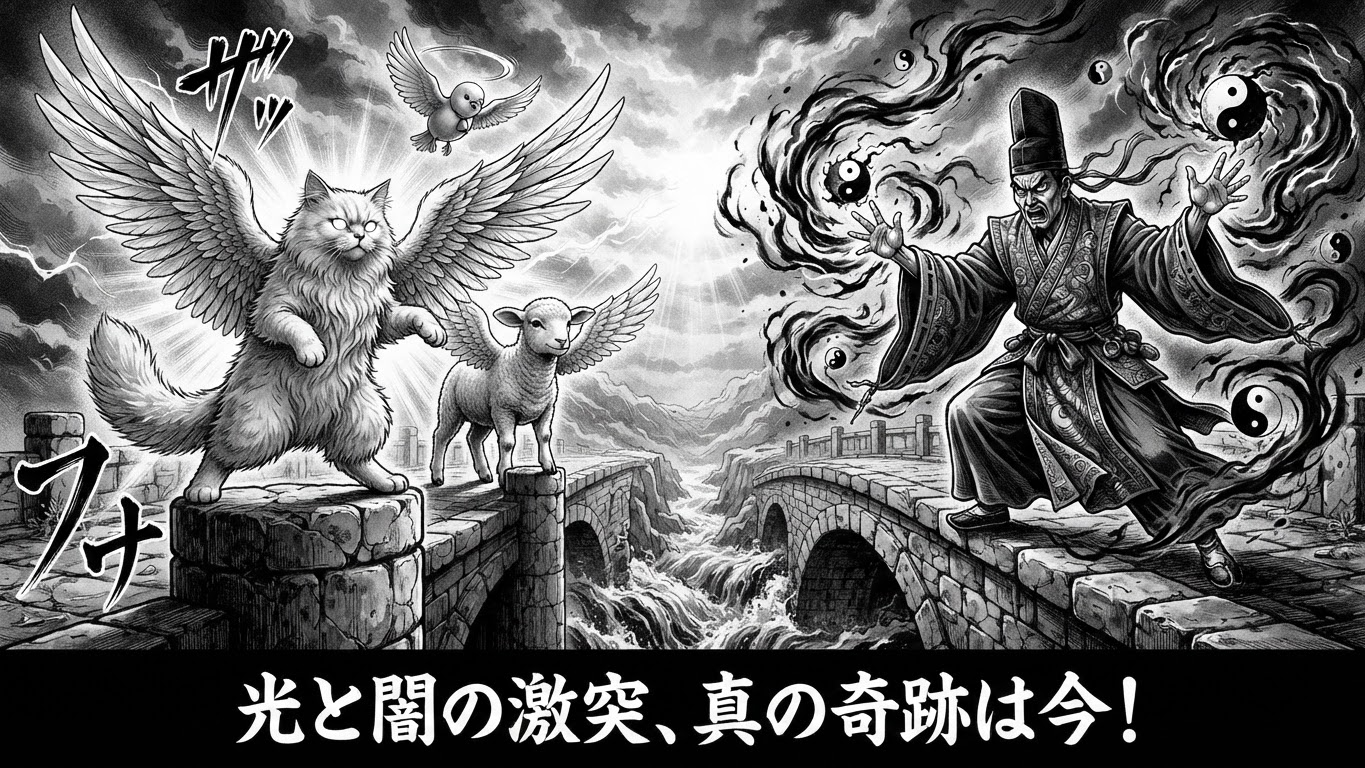 光と闇の激突。翼を持つ猫神様と羊、闇の術を操る泰庵