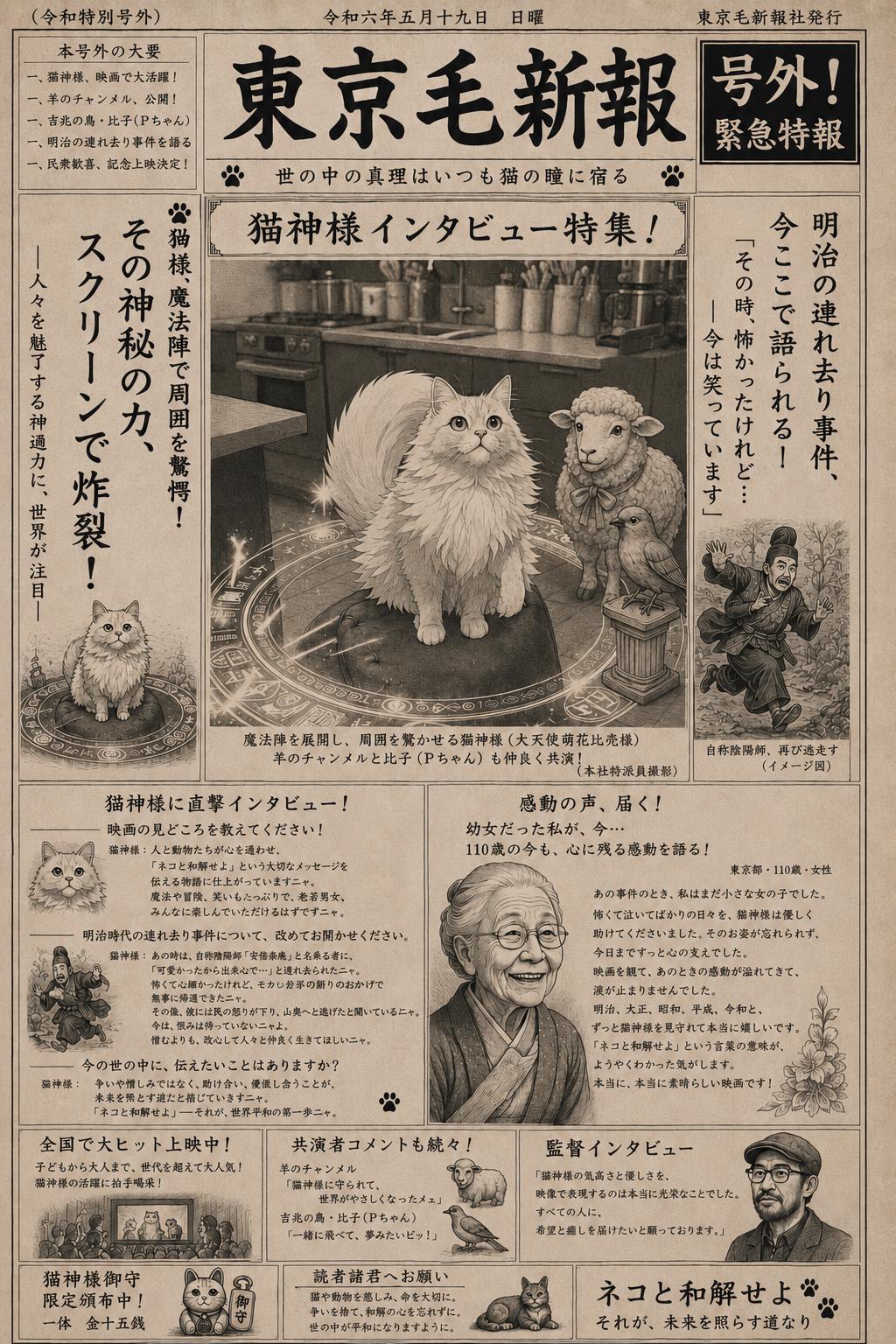 猫神様インタビュー特集の号外紙面