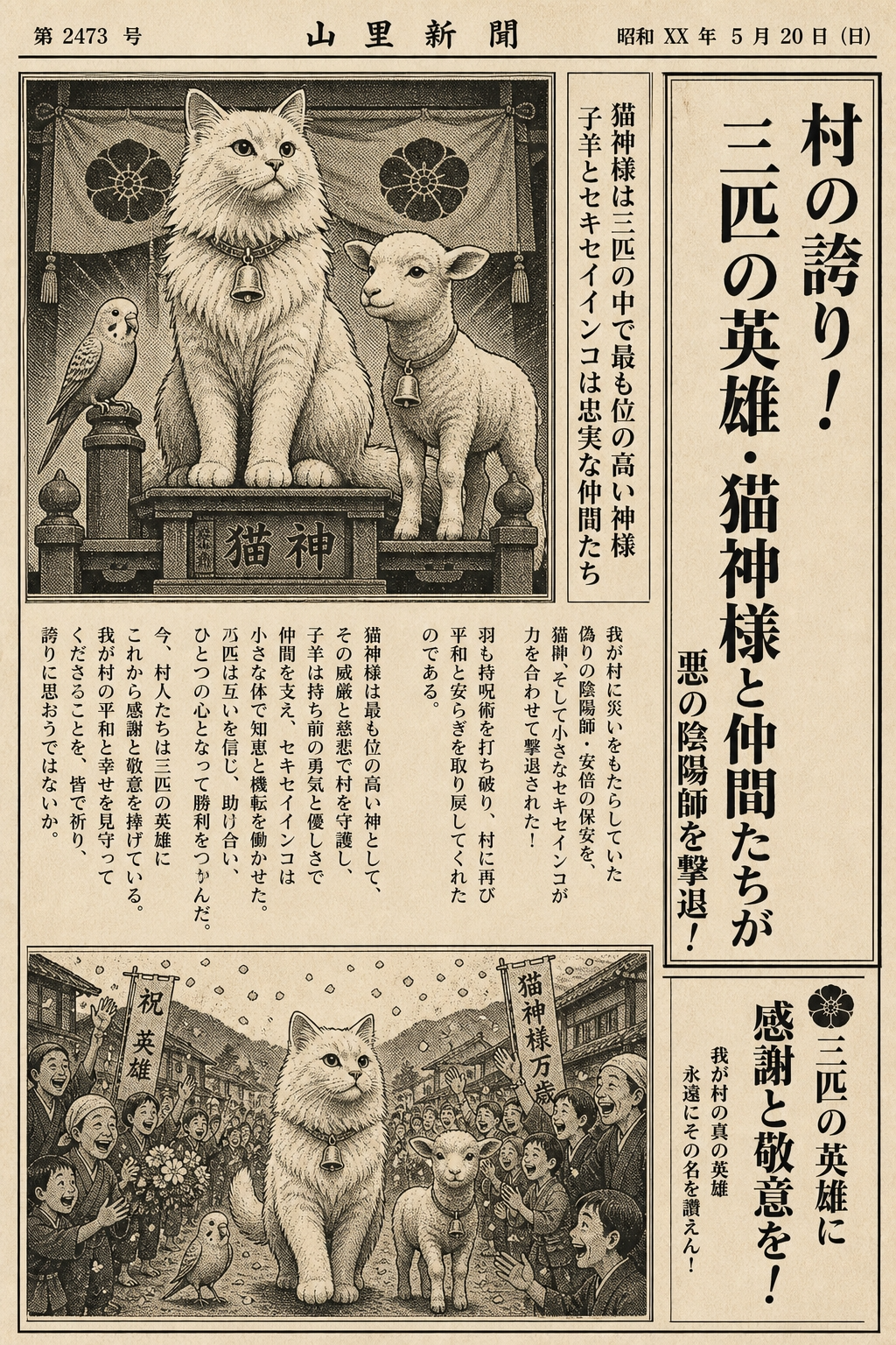 山里新聞「村の誇り！三匹の英雄・猫神様と仲間たちが悪の陰陽師を撃退！」
